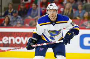 Feb 28, 2016; Raleigh, NC, USA; St. Louis Blues forward Ty Rattie (18) watches the play against the Carolina Hurricanes at PNC Arena. The St. Louis Blues defeated the Carolina Hurricanes 5-2. Mandatory Credit: James Guillory-USA TODAY Sports