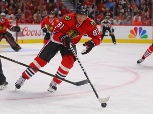 Apr 17, 2016; Chicago, IL, USA; Chicago Blackhawks right wing Marian Hossa (81) with the puck during the second period in game three of the first round of the 2016 Stanley Cup Playoffs against the St. Louis Blues at the United Center. Mandatory Credit: Dennis Wierzbicki-USA TODAY Sports