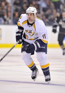 Mar 12, 2013; Dallas, TX, USA; Nashville Predators center David Legwand (11) skates in the Dallas Stars zone during the game at the American Airlines Center. The Predators shut out the Stars 4-0. Mandatory Credit: Jerome Miron-USA TODAY Sports