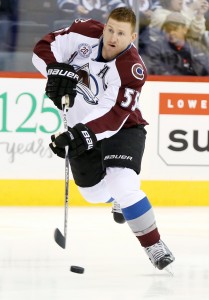 Mar 12, 2016; Winnipeg, Manitoba, CAN; Colorado Avalanche left wing Cody McLeod (55) takes a shot on net prior to the game against the Winnipeg Jets at MTS Centre. Mandatory Credit: Bruce Fedyck-USA TODAY Sports