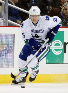 Jan 23, 2016; Pittsburgh, PA, USA; Vancouver Canucks right wing Jannik Hansen (36) skates with the puck against the Pittsburgh Penguins during the first period at the CONSOL Energy Center. Mandatory Credit: Charles LeClaire-USA TODAY Sports