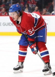 Nov 19, 2016; Montreal, Quebec, CAN; Montreal Canadiens left wing Charles Hudon (54) wait sduring a first period face-off against Toronto Maple Leafs at Bell Centre. Mandatory Credit: Jean-Yves Ahern-USA TODAY Sports