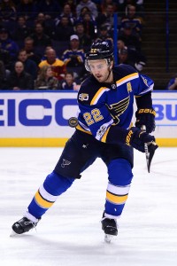 Jan 10, 2017; St. Louis, MO, USA; St. Louis Blues defenseman Kevin Shattenkirk (22) handles the puck against the Boston Bruins during the first period at Scottrade Center. Mandatory Credit: Jeff Curry-USA TODAY Sports