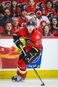 Apr 17, 2017; Calgary, Alberta, CAN; Calgary Flames center Sam Bennett (93) skates with the puck against the Anaheim Ducks during the second period in game three of the first round of the 2017 Stanley Cup Playoffs at Scotiabank Saddledome. Mandatory Credit: Sergei Belski-USA TODAY Sports