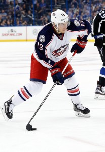 Nov 25, 2016; Tampa, FL, USA;  Columbus Blue Jackets right wing Cam Atkinson (13) shoots against the Tampa Bay Lightning during the third period at Amalie Arena. Columbus Blue Jackets defeated the Tampa Bay Lightning 5-3. Mandatory Credit: Kim Klement-USA TODAY Sports