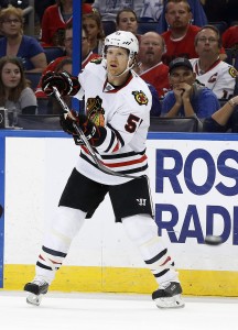 Mar 27, 2017; Tampa, FL, USA;Chicago Blackhawks defenseman Brian Campbell (51) passes the puck against the Tampa Bay Lightning during the first period at Amalie Arena. Mandatory Credit: Kim Klement-USA TODAY Sports