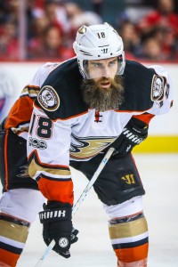 Apr 17, 2017; Calgary, Alberta, CAN; Anaheim Ducks right wing Patrick Eaves (18) during the third period against the Calgary Flames in game three of the first round of the 2017 Stanley Cup Playoffs at Scotiabank Saddledome. Mandatory Credit: Sergei Belski-USA TODAY Sports