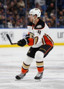 Feb 9, 2017; Buffalo, NY, USA; Anaheim Ducks defenseman Cam Fowler (4) against the Buffalo Sabres at KeyBank Center. Anaheim beats Buffalo 5 to 2. Mandatory Credit: Timothy T. Ludwig-USA TODAY Sports