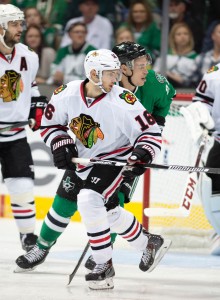 Nov 5, 2016; Dallas, TX, USA; Chicago Blackhawks center Marcus Kruger (16) skates against the Dallas Stars during the game at the American Airlines Center. The Blackhawks defeat the Stars 3-2. Mandatory Credit: Jerome Miron-USA TODAY Sports