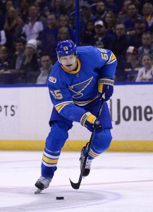 Apr 2, 2017; St. Louis, MO, USA; St. Louis Blues defenseman Colton Parayko (55) handles the puck against the Nashville Predators during the first period at Scottrade Center. Mandatory Credit: Jeff Curry-USA TODAY Sports