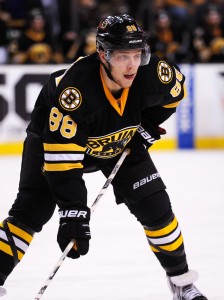 Mar 5, 2016; Boston, MA, USA; Boston Bruins left wing David Pastrnak (88) lines up for a face-off during the second period against the Washington Capitals at TD Garden. Mandatory Credit: Bob DeChiara-USA TODAY Sports