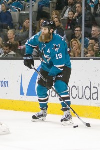 Jan 16, 2017; San Jose, CA, USA; San Jose Sharks center Joe Thornton (19) controls the puck during the third period of the game against the Winnipeg Jets at SAP Center at San Jose. The San Jose Sharks defeated the Winnipeg Jets 5-2.  Mandatory Credit: Stan Szeto-USA TODAY Sports