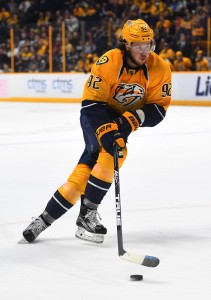 Nov 25, 2016; Nashville, TN, USA; Nashville Predators center Ryan Johansen (92) skates toward the net during the third period against the Winnipeg Jets at Bridgestone Arena. The Predators won 5-1. Mandatory Credit: Christopher Hanewinckel-USA TODAY Sports