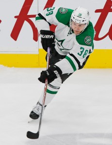 Nov 11, 2016; Edmonton, Alberta, CAN; Dallas Stars forward Lauri Korpikoski (38) takes a shot against the Edmonton Oilers  at Rogers Place. Mandatory Credit: Perry Nelson-USA TODAY Sports