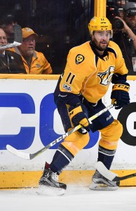 May 18, 2017; Nashville, TN, USA; Nashville Predators right wing P.A. Parenteau (11) behind the net during the first period against the Anaheim Ducks in game four of the Western Conference Final of the 2017 Stanley Cup Playoffs at Bridgestone Arena. Mandatory Credit: Christopher Hanewinckel-USA TODAY Sports