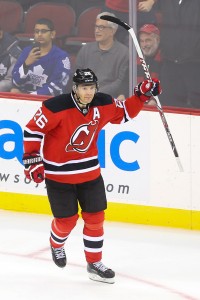 Jan 28, 2015; Newark, NJ, USA; New Jersey Devils left wing Patrik Elias (26) celebrates his game deciding goal during the shootout at Prudential Center. The Devils defeated the Maple Leafs 2-1. Mandatory Credit: Ed Mulholland-USA TODAY Sports