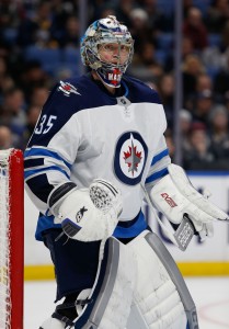 Jan 9, 2018; Buffalo, NY, USA; Winnipeg Jets goaltender Steve Mason (35) against the Buffalo Sabres at KeyBank Center. Mandatory Credit: Timothy T. Ludwig-USA TODAY Sports