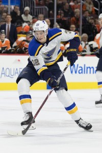 Jan 6, 2018; Philadelphia, PA, USA; St. Louis Blues center Tage Thompson (32) in action against the Philadelphia Flyers during the second period at Wells Fargo Center. Mandatory Credit: Bill Streicher-USA TODAY Sports